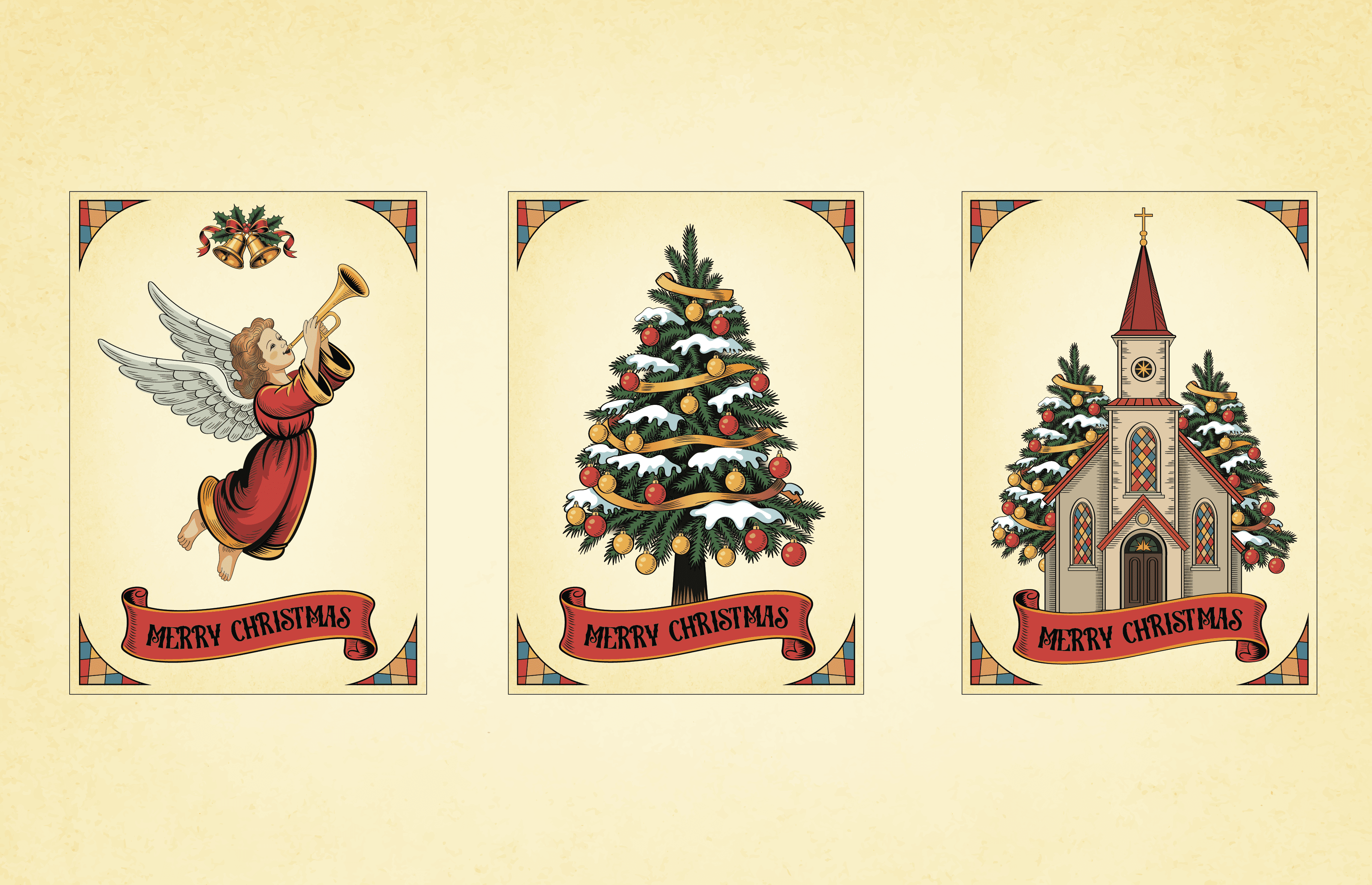 Vintage Christmas Blessings Greeting Card Design Set
